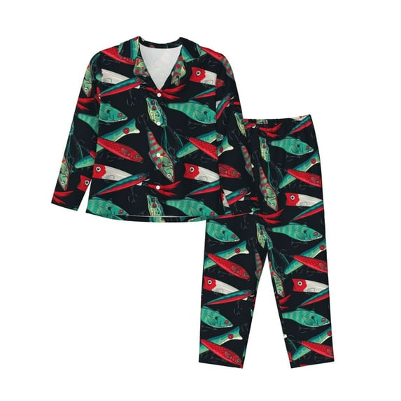 Honeii Fishing Lure print Women's Pajama Sets Long Sleeve Button Down Sleepwear Nightwear Soft Pjs Lounge Sets-X-Large