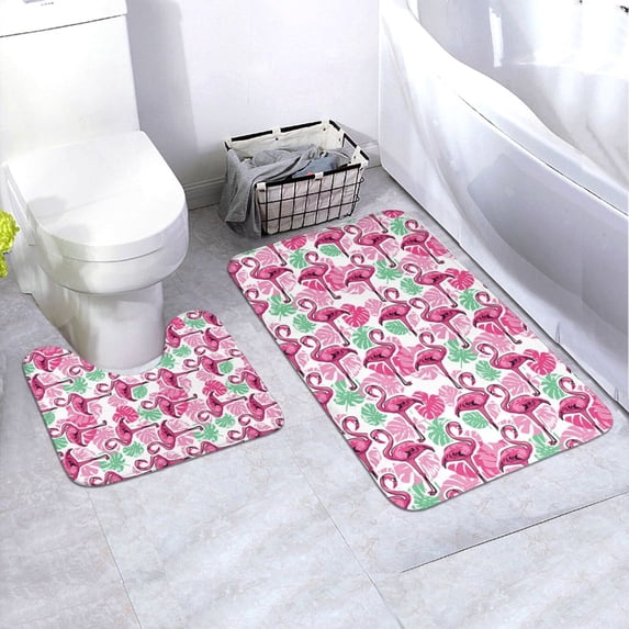 Honeii Flamingo Pattern Bathroom Anti-Skid Pad Bathroom Mat Vintage Seamless Pattern Not-Slip Toilet Rug Set