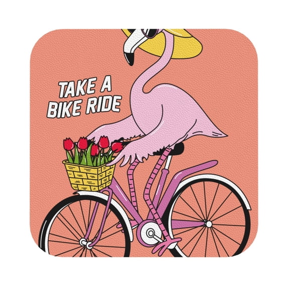 Honeii Flamingo Riding a Bicycle Print Leather Coaster Set of 6, Ideal for Safeguarding Your Furniture from Drinks Spills and Effortless Cleanup,Square