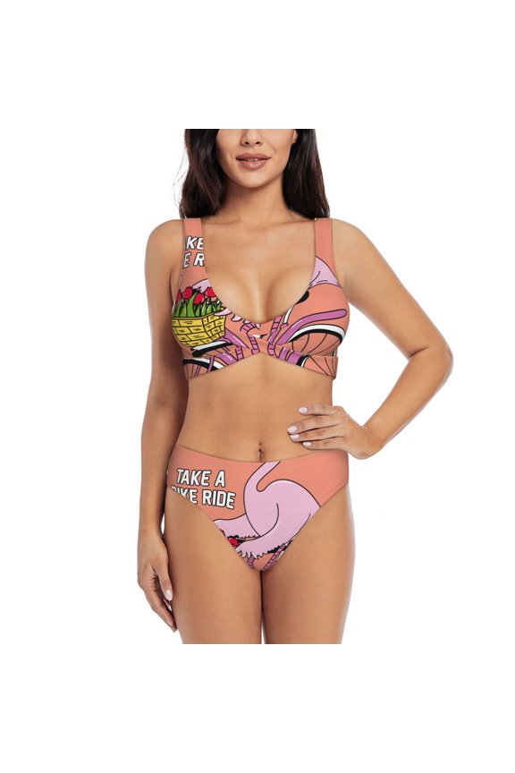Flamingo Riding a Bicycle Print Women’s Bikini Set,Two Piece Swimsuit Bathing Suits,Stylish High Elasticity Swimwear for Beach and Pool
