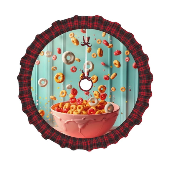 Honeii Floating Colorful Cereal Pattern Christmas Tree Skirt, Christmas Ribbon Holly Winter Holiday Tree Mat Decoration-