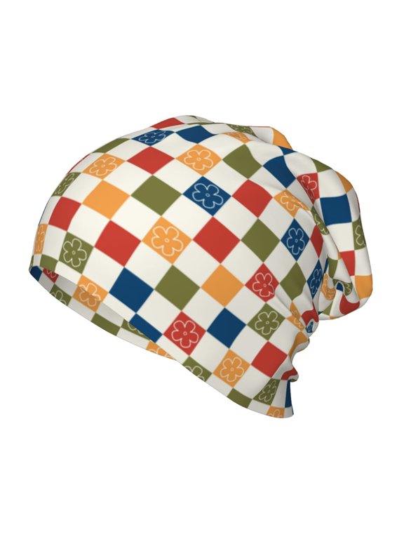 Floral Checkerboard Print Kids Knit Beanie Watch Hat ,Knit Cap for Boys and Girls