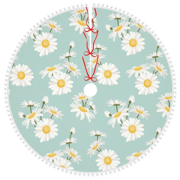 Honeii Floral Daisy Print Christmas Tree Skirt with Pom Pom Tree Skirt Christmas Tree Mat Plush Xmas Tree Skirt for Decorations Holiday Party-36"