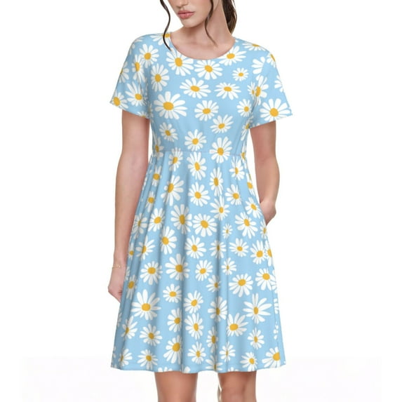 Honeii Floral Daisy Print Women’s Short Sleeve Dress, Comfortable Casual Dress, Soft Polyester Spandex Blend, Stylish Everyday Wear for Summer, Perfect for Travel and Vacation