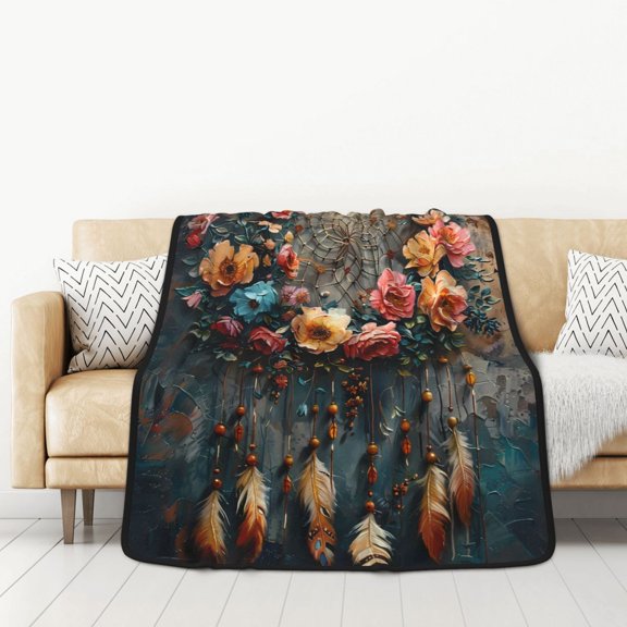 Honeii Floral Dreamcatcher Elegance for Throw Blanket for Couch - Thick Blanket, Soft Fuzzy Plush Throw Blanket for All Seasons, Double Sided Blanket,50x60 In