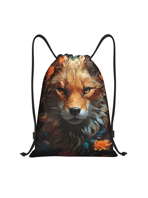 Floral Fox Print Drawstring Backpack,Drawstring Bags String Backpack Gym Cinch Sack Backpack Sport Bag Draw-Medium
