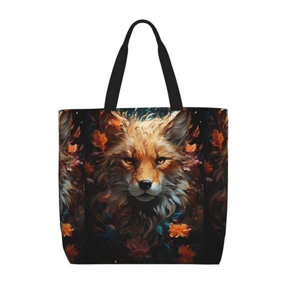 Honeii Floral Fox Print Tote Bag, Reusable Grocery Shopping Bag,Shoulder Bag with Inner Pocket