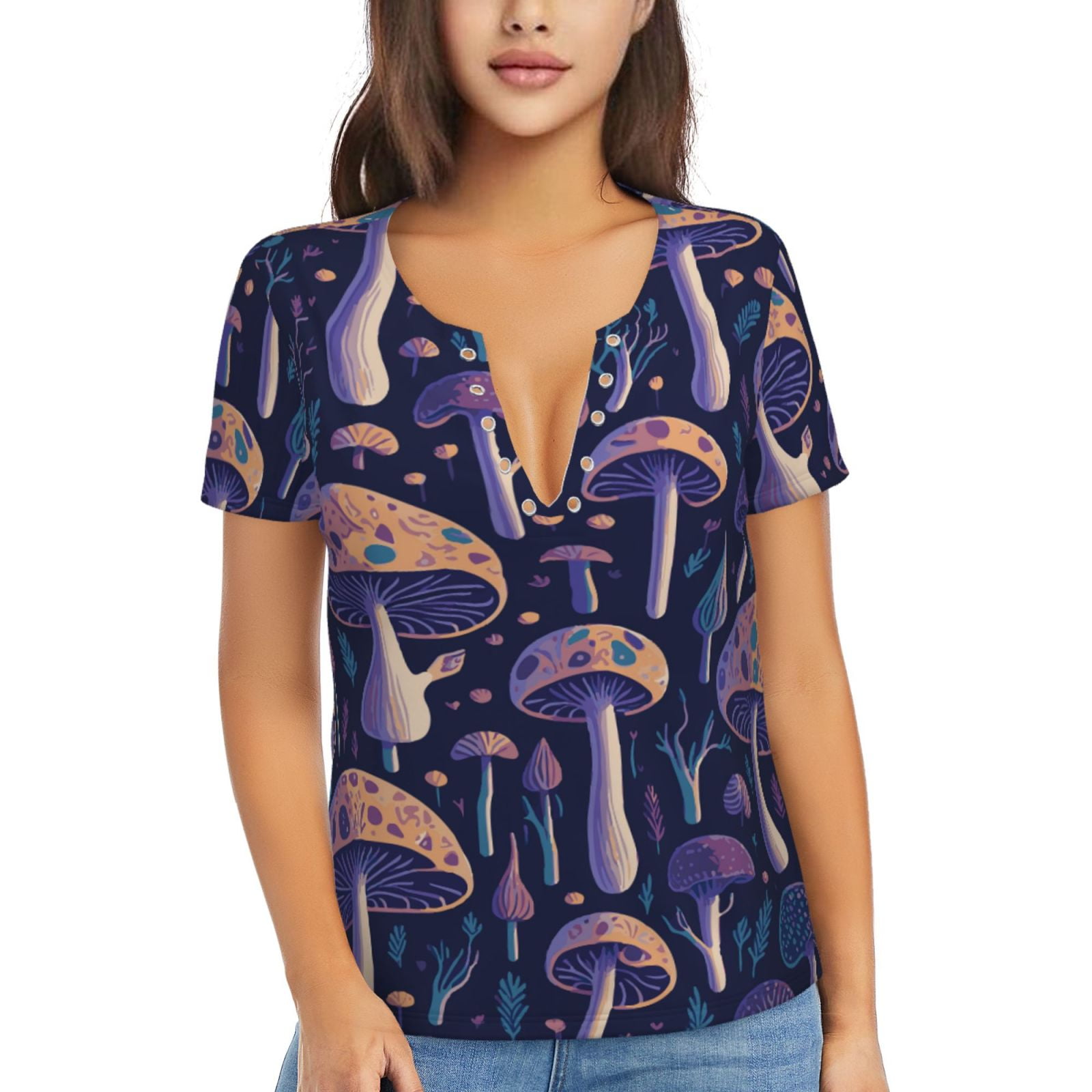 Honeii Floral Hippie Mushrooms Print Women's V-Neck T-Shirt,Short ...