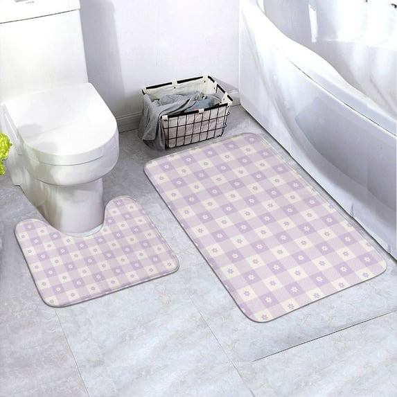 Honeii Floral Purple Buffalo Plaid Pattern Bathroom Anti-Skid Pad Bathroom Mat Vintage Seamless Pattern Not-Slip Toilet Rug Set