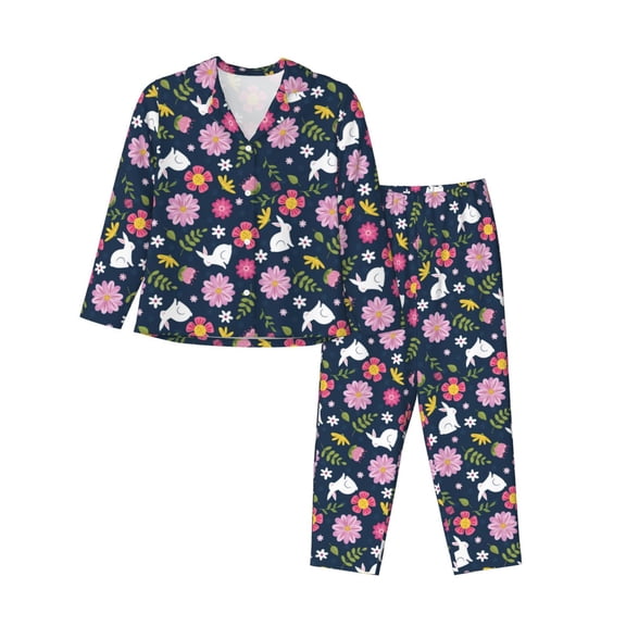 Honeii Floral Rabbit print Women's Pajama Sets Long Sleeve Button Down Sleepwear Nightwear Soft Pjs Lounge Sets-Large