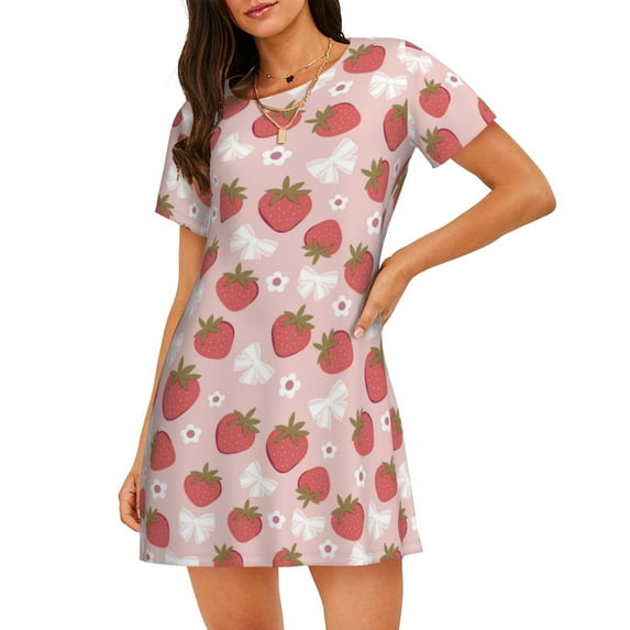 Honeii Floral Strawberr Print Women's Loose Short Sleeve Nightgown, Soft Cotton Sleepwear, Comfy Loose Fit Pajama Dress for Sleep and Lounge