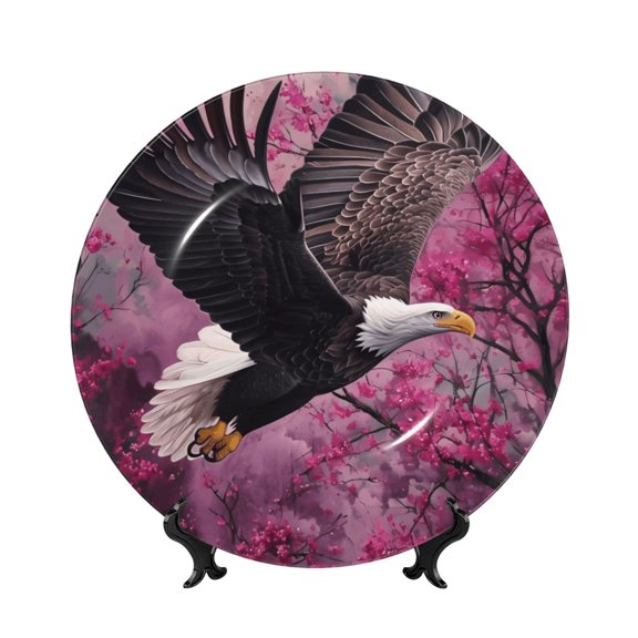 Honeii Flower Bald Eagle Print Elegant Bone China Decorative Plate, Porcelain Plate,Art Crafts,Ceramic Ornaments for Home Office Wall Decor-7in