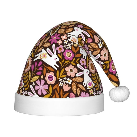 Honeii Flower Bunny Print Hat Santa Claus Hat For Xmas Party, Christmas Caps For Boys Girls Child,Christmas Beanie