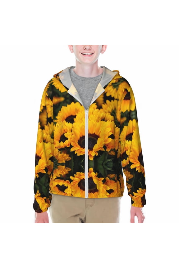 Flower Bush Sunflower Print Sun Protection Jacket Hooded Cooling Shirt with Pockets Hiking Outdoor Performance-Small