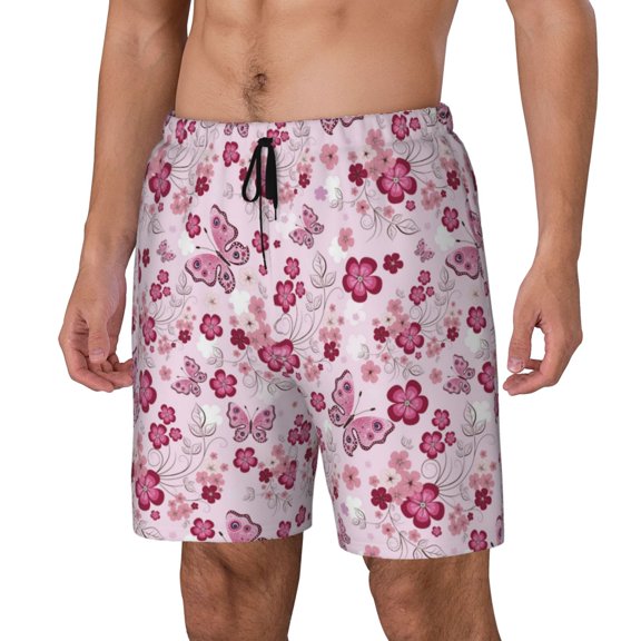 Honeii Flower Butterfly Print Men's Swim Shorts,Mens Swim Trunks,Breathable Mesh Beach Shorts for Swimming,Surfing, and Beach Activities-Medium