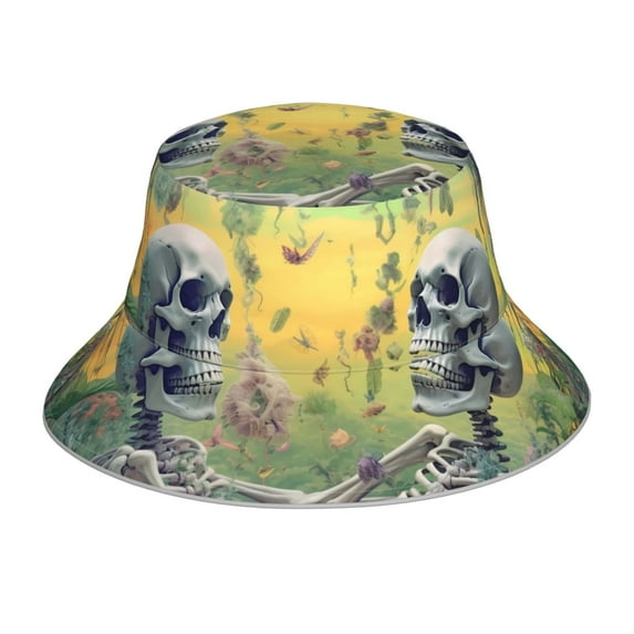 Honeii Flower Butterfly Skull Couple for Unisex Bucket Hat Waterproof Rain Hat Reversible Shiny Rave Bucket Hat for Concert Festival Boonie Cap