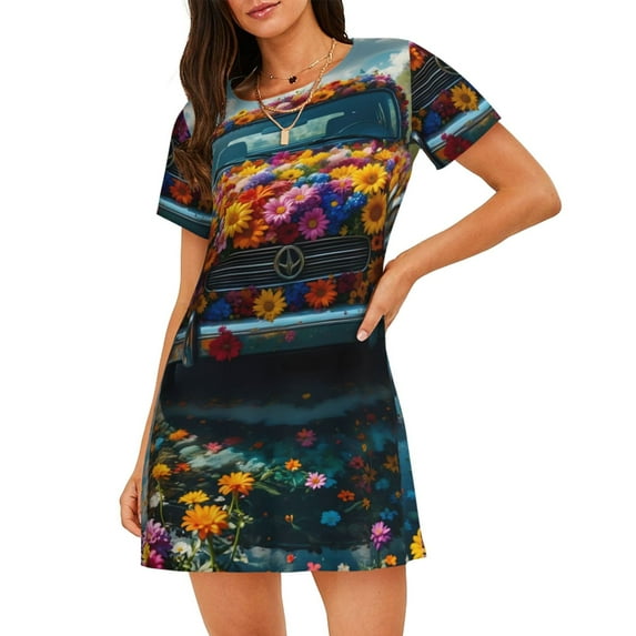 Honeii Flower Covered Vintage Car Print Women's Loose Short Sleeve Nightgown, Soft Cotton Sleepwear, Comfy Loose Fit Pajama Dress for Sleep and Lounge