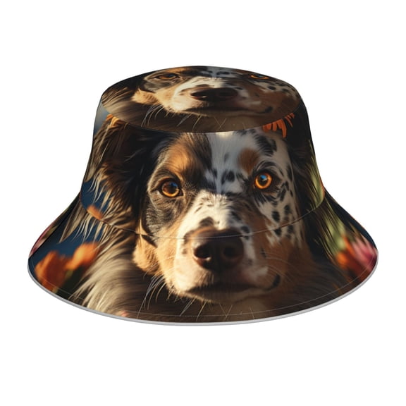 Honeii Flower Crown Dog for Unisex Bucket Hat Waterproof Rain Hat Reversible Shiny Rave Bucket Hat for Concert Festival Boonie Cap