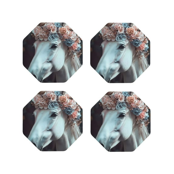 Honeii Flower Crown White Horse print Leather Coaster Set of 4, ideal for safeguarding your furniture from drinks spills and effortless cleanup-Octagon