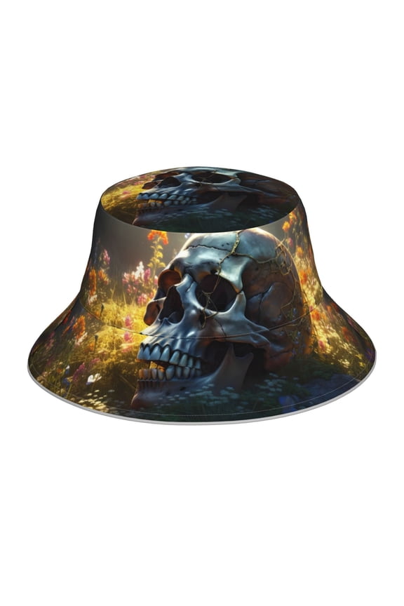 Flower Field Skull for Unisex Bucket Hat Waterproof Rain Hat Reversible Shiny Rave Bucket Hat for Concert Festival Boonie Cap