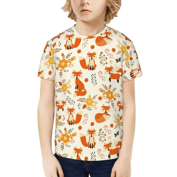 Honeii Flower Fox Print Kids Boy T-Shirt,Breathable Round Neck Tee,Stylish Summer Tee for Boys, for Outdoor Activities and Casual Wear