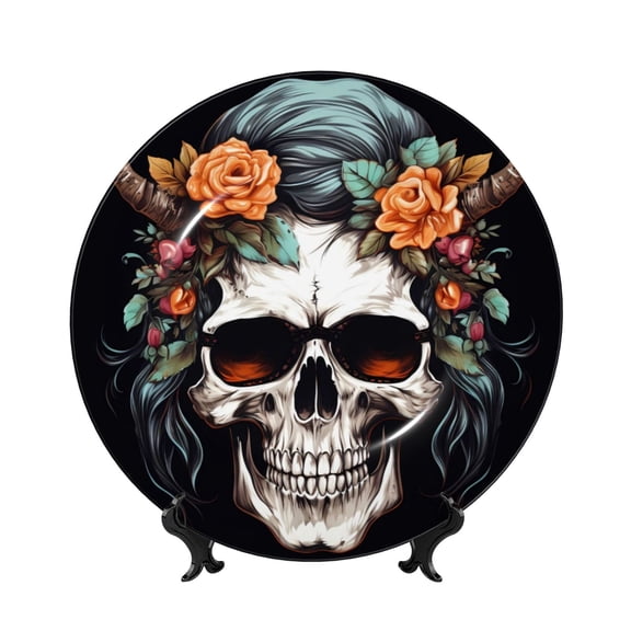 Honeii Flower Horn Skull Print Elegant Bone China Decorative Plate, Porcelain Plate,Art Crafts,Ceramic Ornaments for Home Office Wall Decor-8in