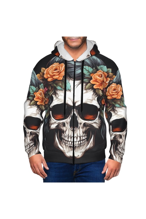 Flower Horn Skull Print Hoodies for Men, Pullover & Full Zip, Breathable Zip up Hoodie, Sweatshirt-Small