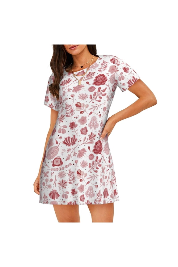 Flower Leaves Print Women's Loose Short Sleeve Nightgown, Soft Cotton Sleepwear, Comfy Loose Fit Pajama Dress for Sleep and Lounge