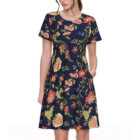 Honeii Flower Print Women’s Short Sleeve Dress, Comfortable Casual Dress, Soft Polyester Spandex Blend, Stylish Everyday Wear for Summer, Perfect for Travel and Vacation
