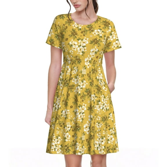 Honeii Flower Print Women’s Short Sleeve Dress, Comfortable Casual Dress, Soft Polyester Spandex Blend, Stylish Everyday Wear for Summer, Perfect for Travel and Vacation