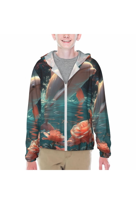 Flower White Dolphin Print Sun Protection Jacket Hooded Cooling Shirt with Pockets Hiking Outdoor Performance-XX-Large