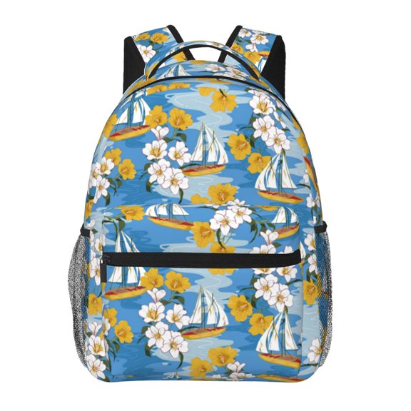 Honeii Flower and Sail Boat Print Backpack for Both Men and Women, Basic Bookbag for College, Work, or Travel,Rucksack Computer Bag-One Size