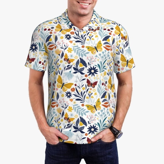 Honeii Flowers Butterfly print Polo Shirt, a classic short-sleeved, button-down golf shirt designed for menMedium