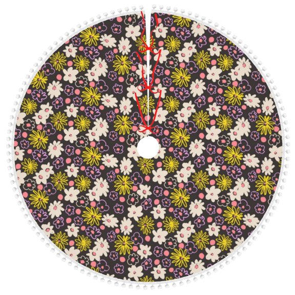Honeii Flowers Daisy Print Christmas Tree Skirt with Pom Pom Tree Skirt Christmas Tree Mat Plush Xmas Tree Skirt for Decorations Holiday Party-