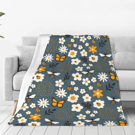 Honeii Flowers and Bee Print Fleece Blanket - Throw Blanket for Bed, Sofa, Couch, Camping, and Travel , Microplush Ultra Soft Warm Blanket-60"x50"
