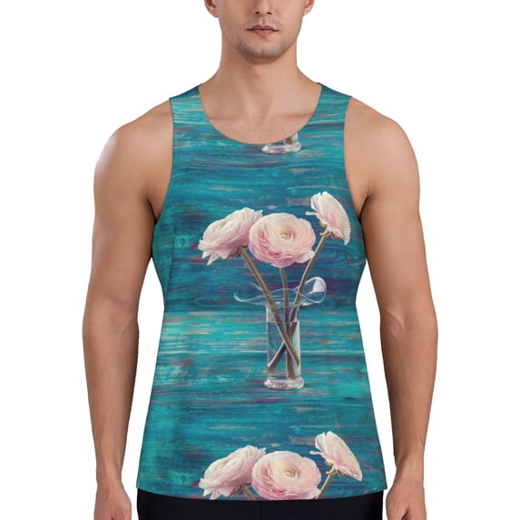 Honeii Flowers in Glass Vase Pattern Men's Workout Tank Top Casual Sleeveless Gym Muscle Shirts Bodybuilding Tee-Large