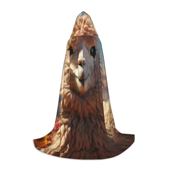 Honeii Fluffy Alpaca Mountain Meadow Print Poncho Cape, Cloak Coat, Snuggly Hooded Wearable Blanket, Hooded Cape For Teenagers,Halloween Costumes-Large