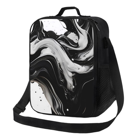 Honeii Fluid Black White Paint Swirls Print Insulated Lunch Bag, Reusable Lunch Box for Adult, Leakproof Cooler Bag for Work Office Travel Picnic