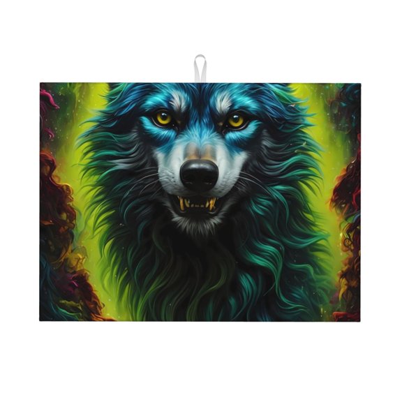 Honeii Fluorescent Wolf print Super Absorbent Coffee Bar Mat Hide Stain Coffee Maker Mat for Countertops Coffee Pot Dish Drying Mat for Kitchen Counter
