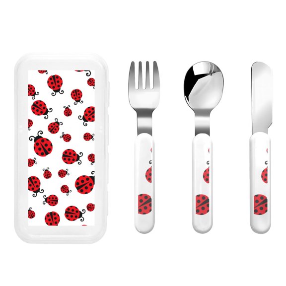 Honeii Fly Flying Ladybug Print Children's Knife, Fork And Spoon Set,Reusable Utensils Set with Case,Travel Cutlery Set,for Kids Adults Camping