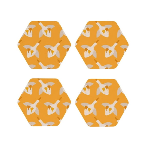 Honeii Flying Ducks print Leather Coaster Set of 4, ideal for safeguarding your furniture from drinks spills and effortless cleanup-Hexagon