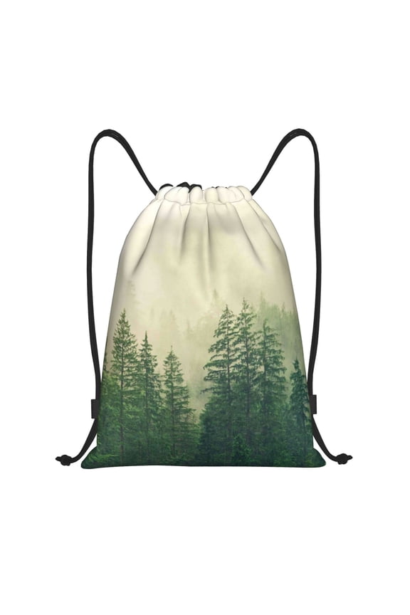 Fog Forest Print Drawstring Backpack,Drawstring Bags String Backpack Gym Cinch Sack Backpack Sport Bag Draw-Small