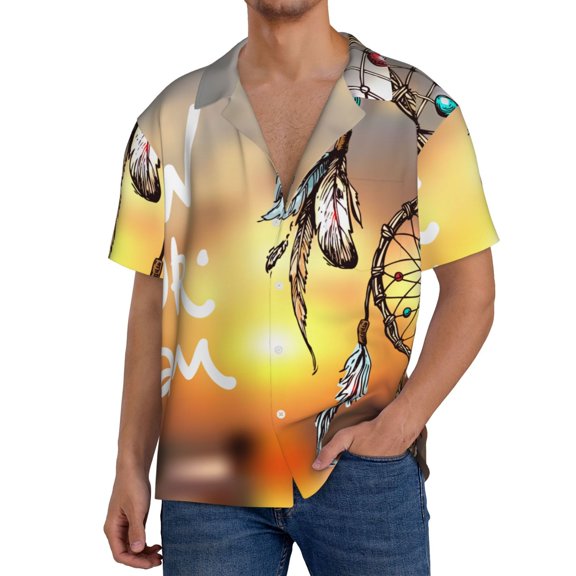 Honeii Follow Your Dream Dreamcatcher for Men's Short-Sleeved Button-Up Collared Shirt Featuring A Pocket, Perfect for Beach Vacations, And Travel Adventures.-