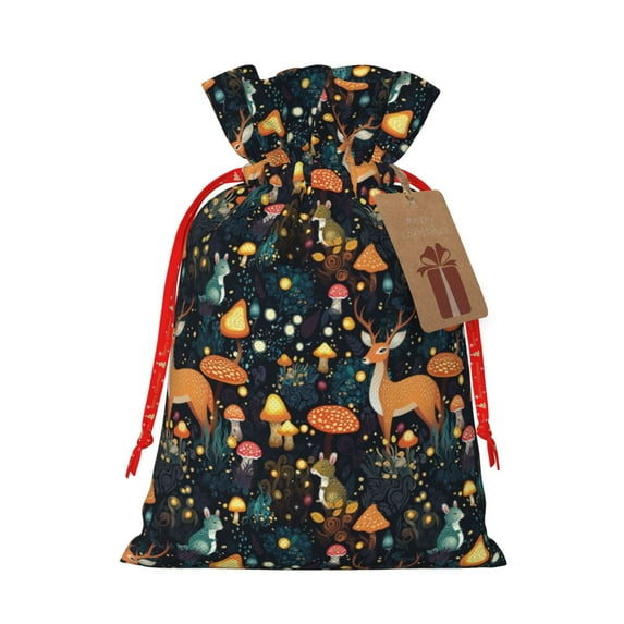 Honeii Forest Elf Print Small Burlap Bags,Christmas Drawstring Treat Bags Gift Bags Reusable Candy Goodie Wrapping Bags for Holiday Party Favors Supplies -Medium