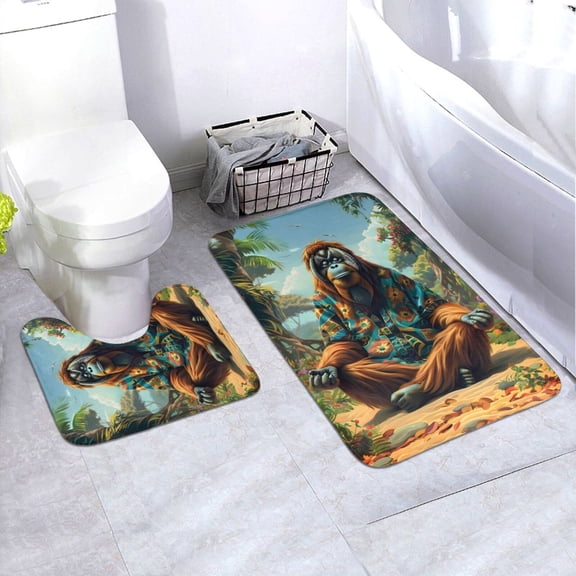 Honeii Forest Meditating Gorilla Pattern Bathroom Anti-Skid Pad Bathroom Mat Vintage Seamless Pattern Not-Slip Toilet Rug Set