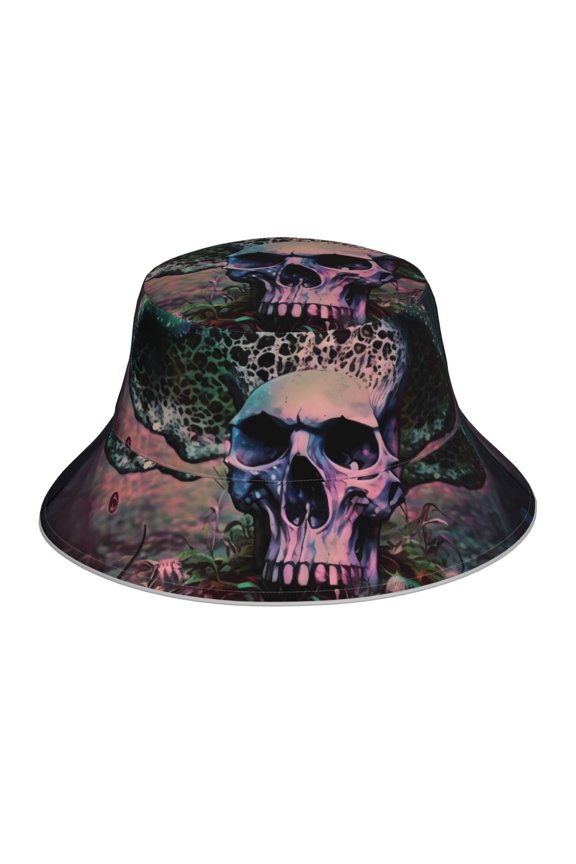 Forest Mushroom Skull for Unisex Bucket Hat Waterproof Rain Hat Reversible Shiny Rave Bucket Hat for Concert Festival Boonie Cap