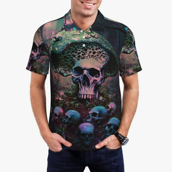 Honeii Forest Mushroom Skull print Polo Shirt, a classic short-sleeved, button-down golf shirt designed for menLarge