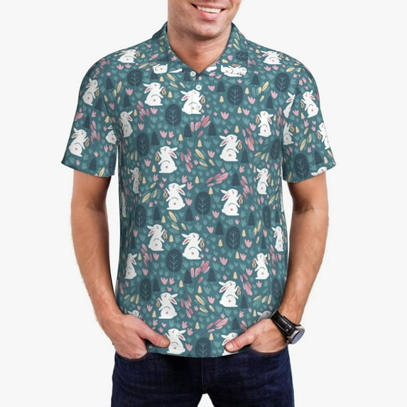 Honeii Forest Rabbit print Polo Shirt, a classic short-sleeved, button-down golf shirt designed for menXX-Large