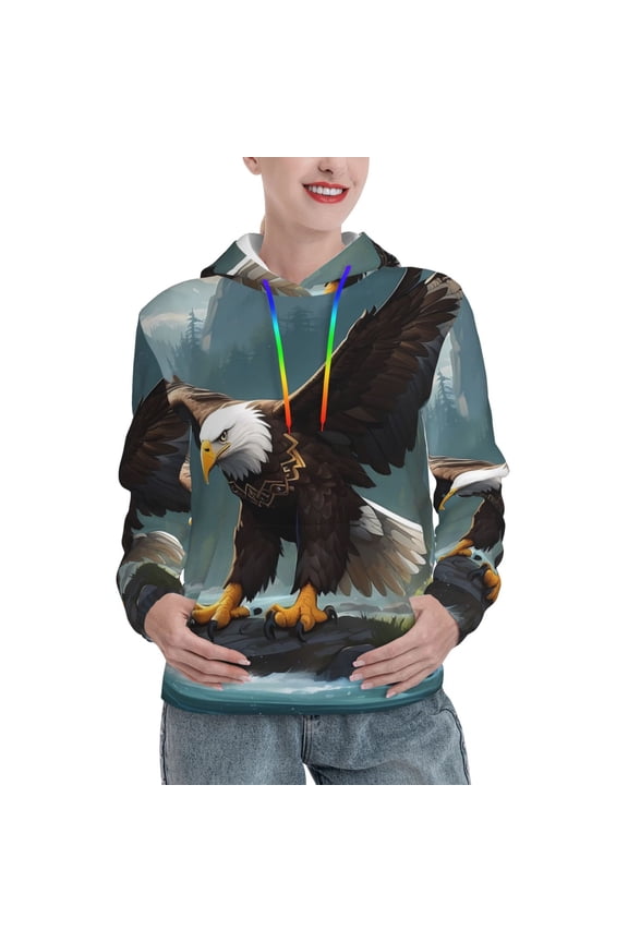 Forest River Bald Eagle Pattern Womens Oversized Hoodies Long Sleeve Sweatshirts Pullover Fall Outfits with Pocket-Medium