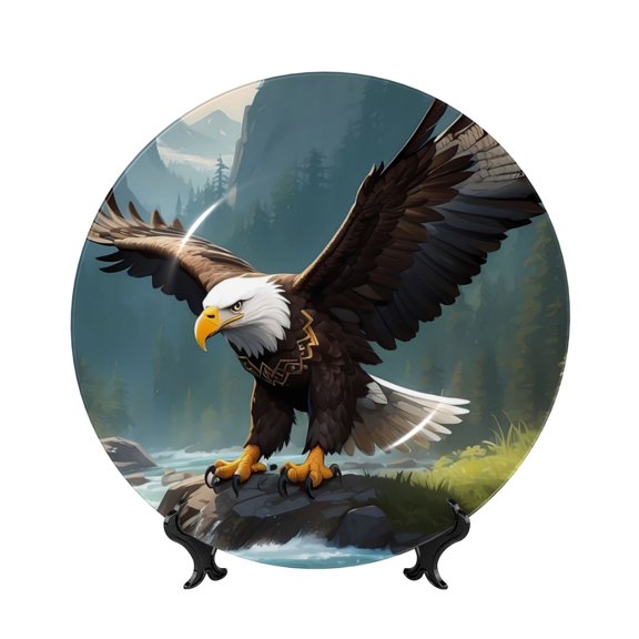 Honeii Forest River Bald Eagle Print Elegant Bone China Decorative Plate, Porcelain Plate,Art Crafts,Ceramic Ornaments for Home Office Wall Decor-6in